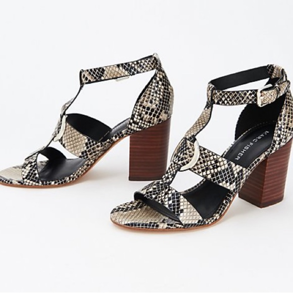 MARC FISHER Snakeskin Print Ankle & T-Strap Walina Heeled Sandals | Size 7.5